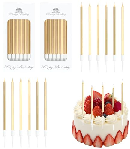 24 Pièce Bougies Anniversaire avec Supports,Bougies à Gâteau pour Fête d'anniversaire,Bougies Dorées Longues et Fines pour décoration,Pour Fête de mariage, Remise de diplôme