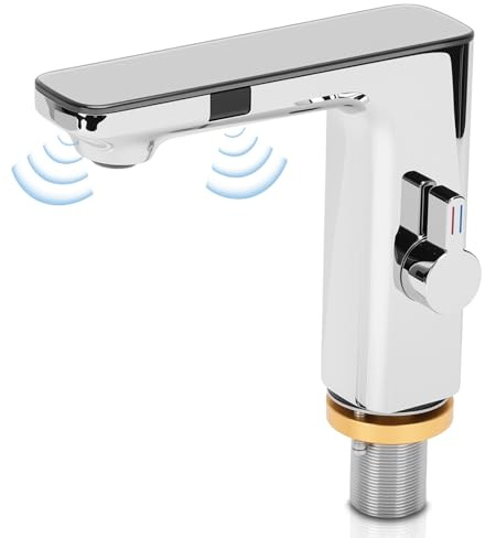 Rubinetto per lavabo caldo e freddo, display della temperatura dell'acqua, sensore a infrarossi, touchless, con tubi di ingresso da 1/2, connettori 3/8 EU, per casa e hotel (cromato)