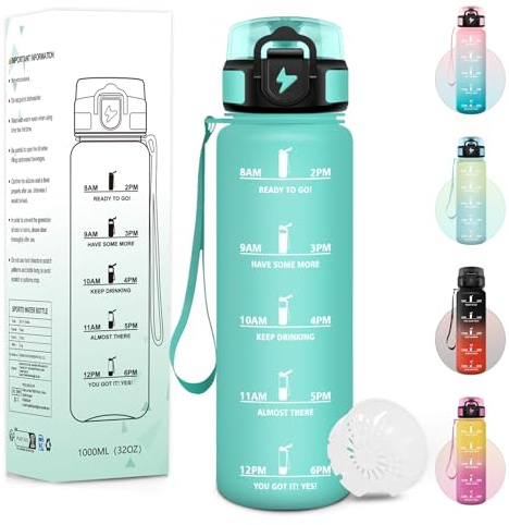 Baramumu Borraccia, 1000ML Senza BPA, Borraccia Palestra, Design Della Serratura a Prova di Perdite, Bottiglia Motivazionale, Con Marca Temporale, Bottiglia Sportiva per Yoga, Bicicletta - Blu&verde