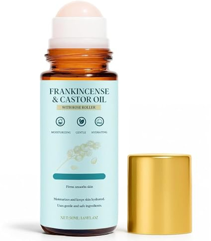 Frankincense and Castor Oil, Castor Oil Roll On with Rose Quartz,Firms Skin, Reduces Fine Lines & Hormone Balance, Suitable for Face, Neck, Abdomen, 50ML/1.7OZ (1)