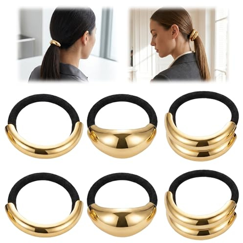 6 gomas de pelo de metal doradas, 5 cm, elásticas, geométricas, con puños para el cabello