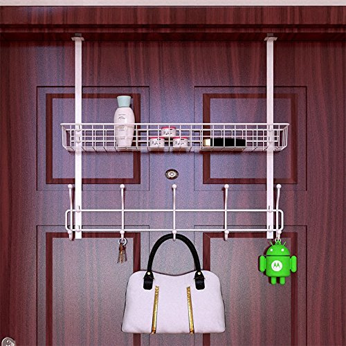 Over-The-Door Hook Rack with Shelf No-Slip and No Nail Storage Rail Rack for Hanging Towel Coat Hats (White)