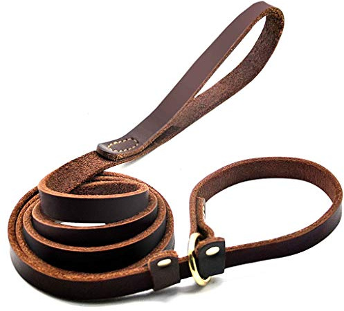 Wellbro Correa para Perro de Piel auténtica, Suave, Ajustable, Correa de Retriever con Deslizador, Resistente, 1,8 m de Largo x 1,8 cm de Ancho, Color marrón