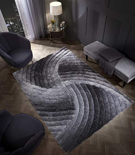 3D SWIRL HEAVYWEIGHT CARVED Shaggy Rug GREY SILVER Ombre Super Plush Extra Large Rugs Living Room with SHIMMERING SPARKLE STRANDS Thick Pile Height Modern Area Rugs (160cm x 230cm (5.5ft x 7.5ft))