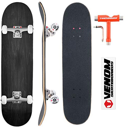 Venom Core Complete Skateboard - Black Wood Stain Deck - Double Kick Trick Skateboard for Kids, Boys/Girls, Adults - Beginner to Advanced - Black Deck, Raw Trucks - 8.0