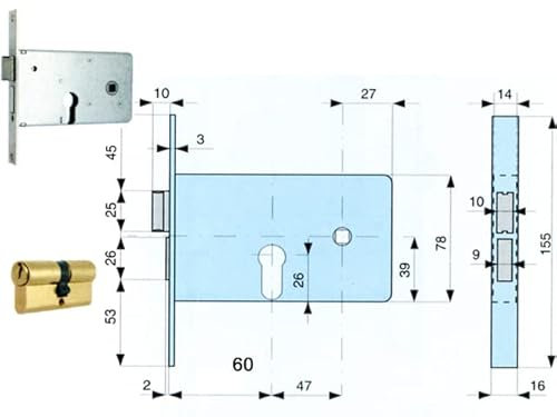 Serratura da infilare per fasce MG 812.60.1 cil. sagomato 2 mandate scrocco e catenaccio ottone separati