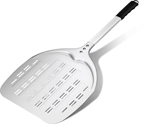 Perforierter Pizzaschieber, Pizzaschaufel aus Eloxiertes Aluminium Rechteckige Professionelles Pizzaschaufel mit verlängertem Silikongriff,12 Zoll