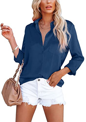 Homlan Blusa Elegante de Mujer con Cuello en V de satén, Mangas largas, Estilo Informal, Camisa Holgada de Color sólido con Bolsillo en el Pecho, Azul, L