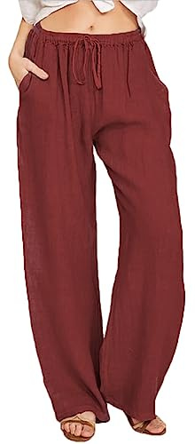 WINKEEY Pantalones Casual Mujer Cordón Cintura Alta Pierna Ancha Suelta Pantalones Palazzo de Lino de Algodón con Bolsill