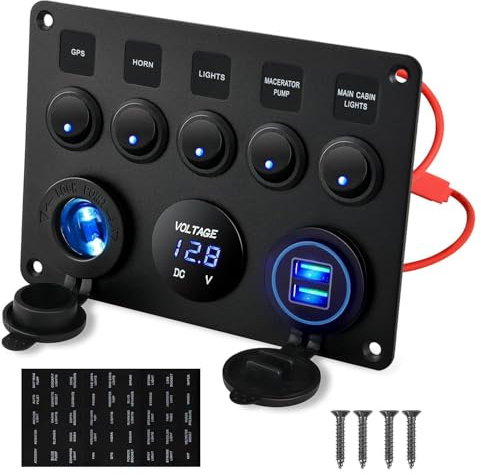 Gebildet 5Gang Multi-Function 5 Gang Rocker Dubbel USB-laddare + Digital volmeter +12V uttag Förkopplad Strömbrytarpanel med Effektbrytare för RV Bil Båt Truck Trailer