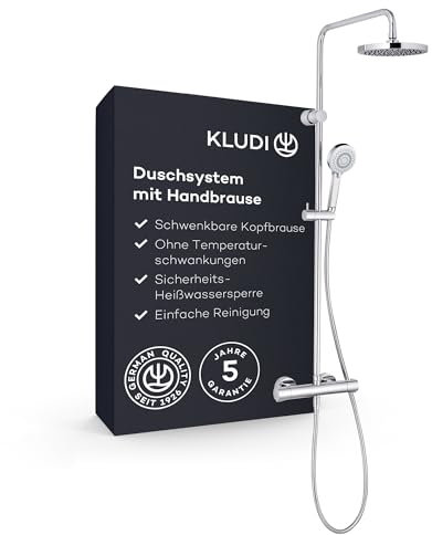 KLUDI-X3 Colonne de douche thermostatique, douche pluie (Ø 20 cm), set complet comprenant mitigeur douche, flexible de douche, barre, douchette à main à angle réglable et 3 types de jets, chromé