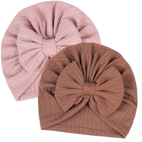 LECTNORE 2 stycken nyfödda mössor, mjuka, stretchiga baby-turbanmössor, babymössa för flickor och pojkar, dagis för nyfödda, småbarn (rosa/brun), Rosa / brun, one size