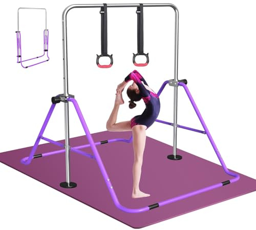 FBSPORT Barra de gimnasia con colchoneta, barra horizontal plegable, equipo de gimnasia para niños para entrenamiento en casa, barra de entrenamiento de gimnasia expandible junior con altura ajustable
