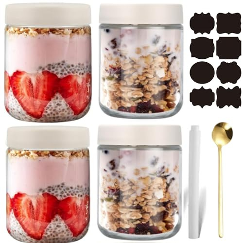 CNKHDZ 4 Pack burkar över natten havre,Vitt 500 ml övernattningsglasburkar Overnight Oats-Glas små glas havregrynsgröt förberedelse sallad mat flingor snack behållare pudding yoghurt lagring