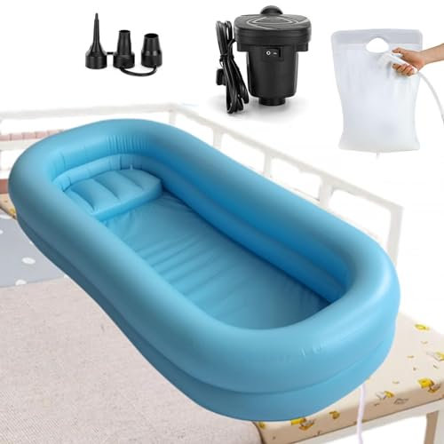 Medizinische aufblasbare Badewanne für Erwachsene im Bett, aufblasbare Badewanne am Bett, Duschset, tragbares Waschbecken am Bett für ältere behinderte Senioren, Ganzkörperbadewanne im Bett, Blau