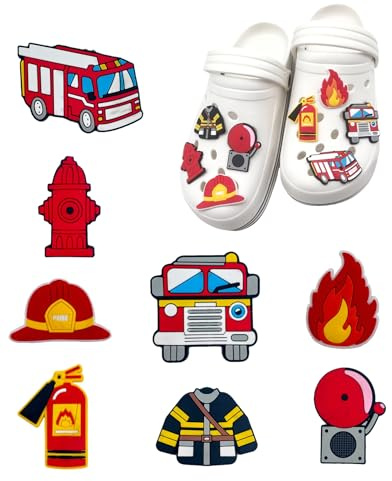 Fire Engine Shoe Charms, 8 Piece Set, Firefighting Theme Decorations for Boys Girls