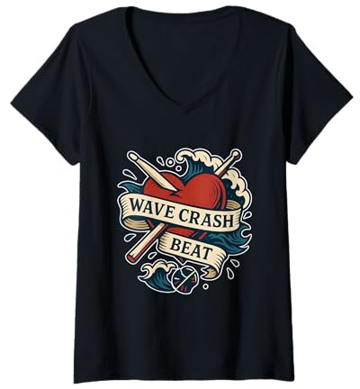 Femme Bâtonnets cardiaques Wave Crash Beat T-Shirt avec Col en V