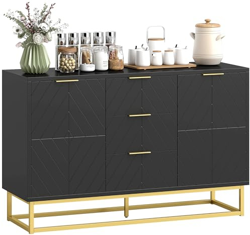 HOMCOM Sideboard for Living Room, Storage Cabinet, Gold Metal Base, Black