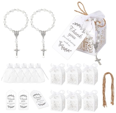 PH PandaHall 120PCS Easter Favors Set 3 Set Cross Rosary Beads Bracelets with Organza Bags Hollow Paper Boxes and Thank You Kraft Tags for Baptism Favors Communion Gifts Party Decoration