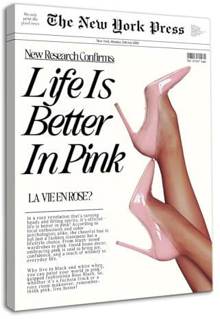 Dazzlewall Framed Feminism Fashion Wall Art,Vintage Newspaper Style Life Is Better In Pink High Heels Canvas Prints for Girls Bedroom Living Room Decor 12x16 in