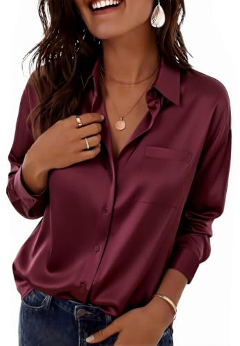 Zeagoo Chemise Femme Satin col en V Chemisier Élégant à Manches Longues | Chemises Boutons Basique | Haut de Soirée Business | Top Couleur Unie | Top Basique | S-2XL