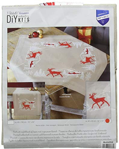 VERVACO Kreuzstich Stickpackungen Tischdecke Norwegischer Winter Stickdecken Vorgezeichnet Basteln Erwachsene Kreativ Set Vorgedruckte Decke Sticken 80 x 80 cm Stickset DIY Sticken Set
