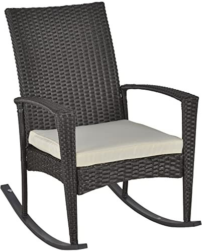Outsunny Schaukelstuhl Schwingsessel Gartenstuhl mit Kissen, Polyrattan+Metall, Schwarz+Creme, 66 x 88 x 98 cm