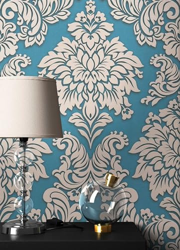 NEWROOM Papier peint baroque Beige Ornement Baroque Intissé Bleu Glamour Néo-Classique