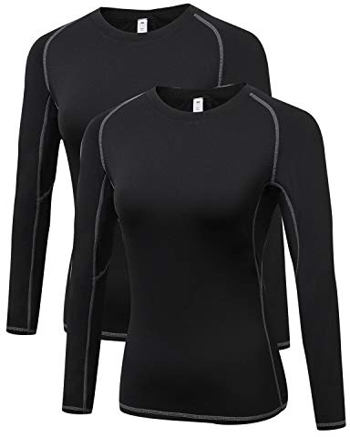 LNJLVI T-Shirts de Sport Femme à Manche Longues Compression Tops Fitness Running Yoga Tee Shirt(2PCS-Noir,S)