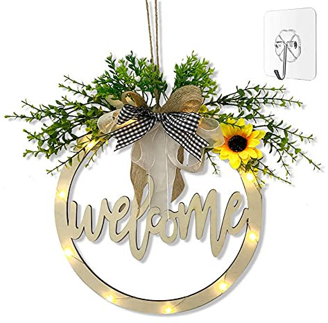 Welcome Sign for Front Door, Outdoor Welcome Porch Sign Hollow Carved, Farmhouse Wooden Welcome Sign for Spring Daisy Wreath, Rustic Round Led Lighted Hanging Sign for Home Decorations