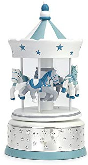 Valenti - Giostra Grande in Legno con Base in Argento Laminato di Colore Celeste con Cavallini e Carillon. cod: 21089 C