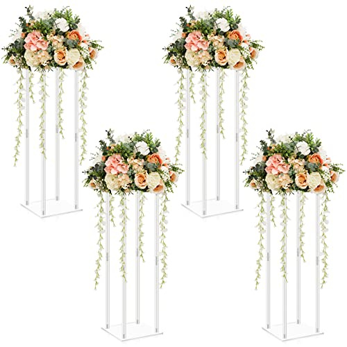 Juexica 4 Pieces Tall Acrylic Flower Stand Wedding Centerpiece for Tables Clear Flower Vase Geometric Floral Vase Elegant Display Holder for Wedding Birthday Party Table Decorations (23.6 Inch Tall)