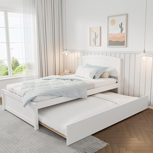 TOLEAD Daybed with Trundle, Twin Size Pull Out Bed, Solid Wood Extendable Day with Trundle Bed Twin, Include Slat Support (White, Trundle)