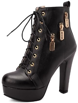 JIEEME Botines de mujer punta redonda con cordones tacón alto tacón bloque hecho a mano botas cortas para mujer talla grande 35-48 Z33-691, Negro , 43 EU