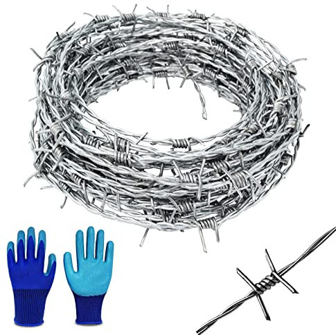 YAGJIA - Alambre de púas de 1,6 mm x 8 m, alambre de púas para valla de 4 puntos, galvanizado, enrollado, fuerte y flexible, para balcón, jardín, bate de béisbol o artesanías, plateado