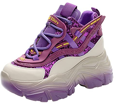 ANUFER Mujer Plataforma Alta Zapatillas Chunky Brillante Lentejuelas Moda Tacón de Cuña Zapatillas Deportivas Morado SN070147 EU35