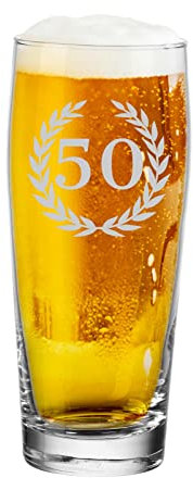 LUXENTU Verre à bière avec gravure Willi - Avec graduation de 0,5 l et couronne de laurier gravée - Verre clair comme cadeau pour 50e anniversaire - Passe au lave-vaisselle