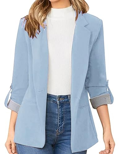 L9WEI Blazer Slim Blazer Mujer Otoño Invierno Blazer Negocios Elegante Solapa Traje Liso Manga Larga Sakkos Trajes de Negocios, Azul Celeste, L
