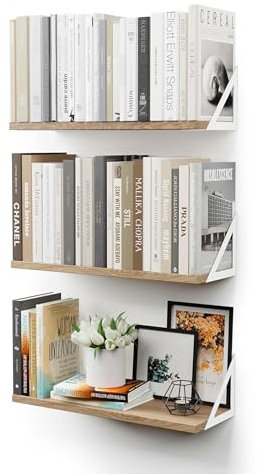 CASSA Wall Mounted Floating Book Shelves for Wall Set of 3, Shelf Bookshelf for Bedroom Living Room Office Bathroom Kitchen Rustic Wood with Metal Bracket (Natural White)