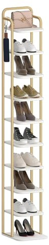 Hzuaneri Vertical Shoe Rack for Small Spaces, White Gold | 10-Tier, 26.5 cm Wide, Wood Shoes Organizer with 2 Hooks for Closet, Entryway, Freestanding, SR11213A