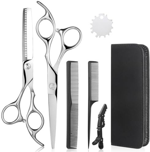 Lictin 4 en 1 kit 7 Tijeras de Peluquería Profesional Corte de Pelo de Acero Inoxid con tijeras de corte, tijeras de entresacar, peine, clip y estuche para hombres y mujeres(Plateado)