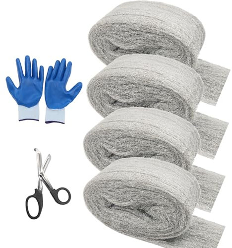 WANYIG Stahlwolle 0000 00 0000 Stahlwolle Gegen Mäuse Steel Wool Stahlwolle Fein mit Schere Arbeitshandschuhen für Küche Reinigen, Polieren, Löcher und Wand Risse von Haus,Garten (3#, 4 Rollen)