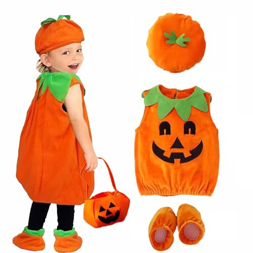 DXIA Costume da Zucca Neonato con Cappello, Vestiti, Scarpe e Borsetta Zucca, Arancione Costume di Halloween, Taglia L 50 cm di lunghezza