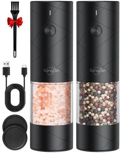 Sangcon Set macina sale e pepe elettrico, Ricaricabile USB, macinapepe automatico di grande capacità, funzionamento con una sola mano, 6 grana regolabile con coperchio antipolvere scorrevole(Nero)