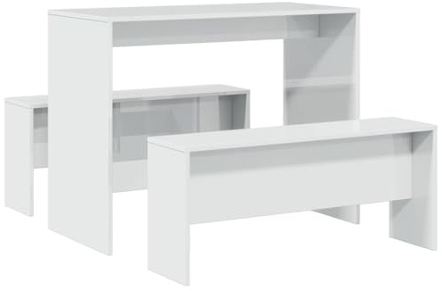 vidaXL Mesa y Bancos de Comedor 3 pzas Madera ingeniería Blanco Brillo, Juego de Mesa de Comedor, Juego de Mesa con Banco, Mesa de Comedor y Bancos