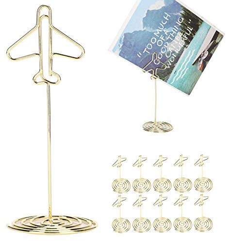 Lot de 10 Porte Nom Table, Porte-numéros de Table, Supports de Numéro de Table, Porte Avion doré avec base, Porte Menu Support Photo Pince Porte Cartes pour mariage, anniversaire