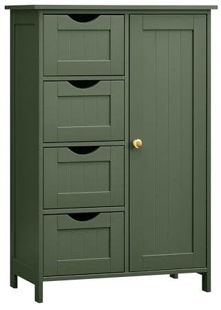 VASAGLE Badezimmerschrank, schmaler Badschrank, Beistellschrank, Kommode, mit 4 Schubladen, Schranktür, verstellbare Ablage, 30 x 55 x 82 cm, waldgrün LHC041C01