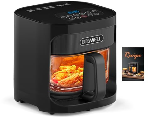 BOSWELL Glass Air Fryer, 4.5QT Transparent Fry Bowl, Circulating Heating, Non Toxic, Large Capacity Air Fryer Roast, Temperature Control Dishwasher Safe (Black)