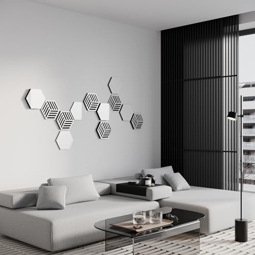 Pack de 12 paneles decorativos acústicos de madera HDF | Mosaico 3D tipo rompecabezas | Para home cinema, paredes de TV y podcasts | Decoración DIY para paredes | [HEXAGON | Plástico blanco brillante]