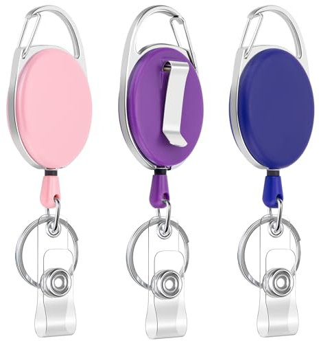 JEFURE Llavero Retractil Pack de 3, Llavero Extensible Retractil con Clip de Bolsillo, Insignia Extensible con Cordón Longitud Plegada 63 cm de Largode, para Portaidentificación y Llaves(3 Colores)